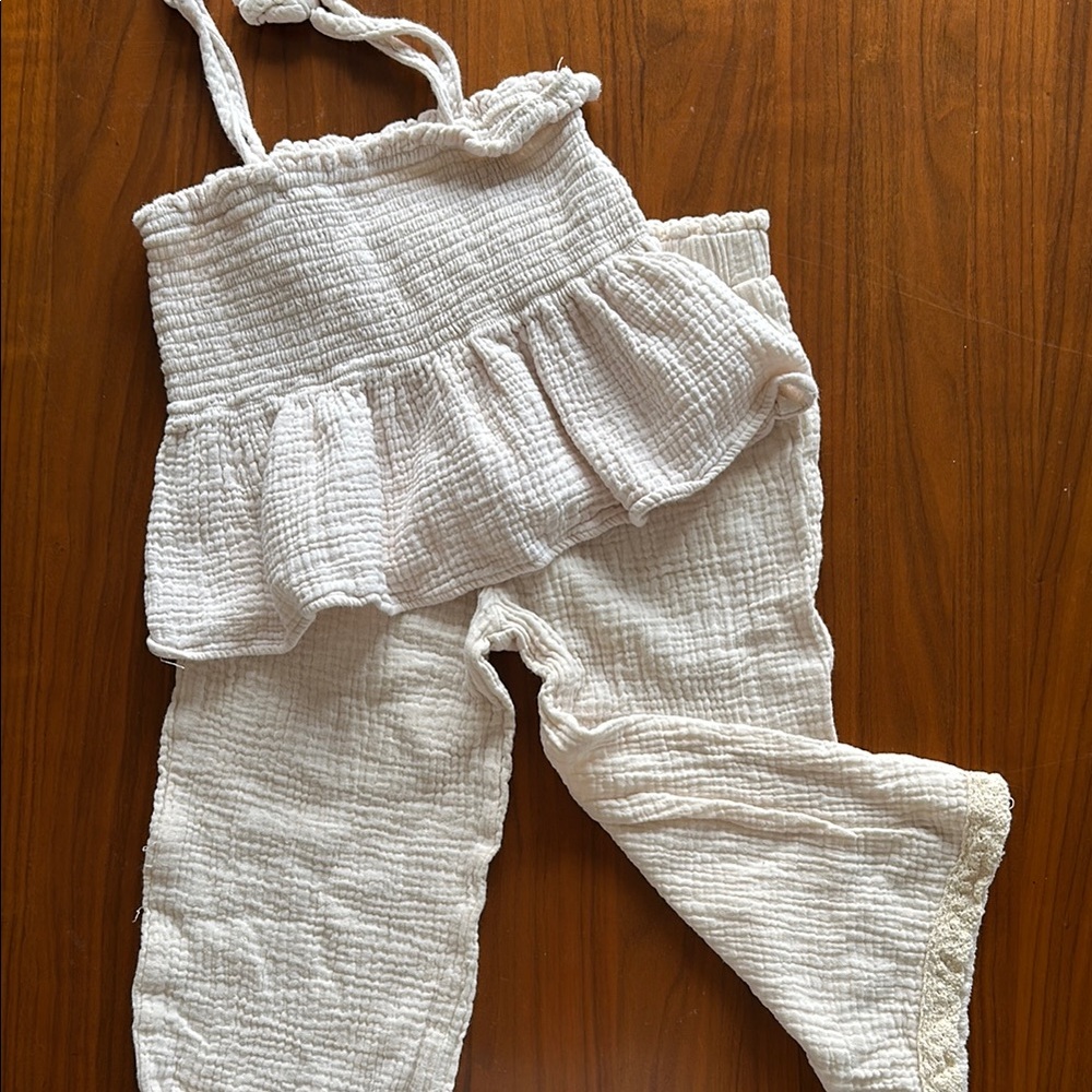 Adorable Cream Ruffled kids top and bottom set